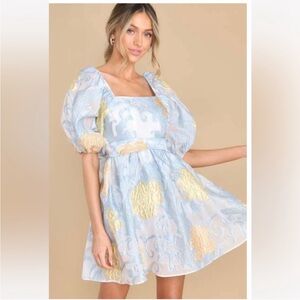 Elegant Blue and Gold Puff Sleeve Dress